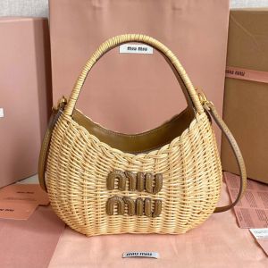Miu Miu 5BC125 Small Wander Hobo Bag In Woven Fabric Beige/Brown