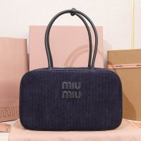 Miu Miu 5BB163 Large Beau Top-Handle Bag In Corduroy Navy Blue