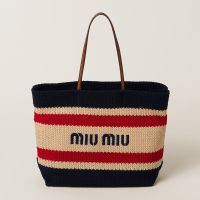 Miu Miu 5BG228 Tote Bag In Stripe Woven Fabric Navy Blue