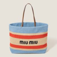 Miu Miu 5BG228 Tote Bag In Stripe Woven Fabric Sky Blue