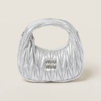 Miu Miu 5BP078 Mini Wander Hobo Bag In Matelasse Nappa Leather Silver