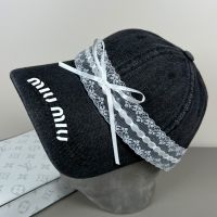 Miu Miu Baseball Cap With Lace Bowknot In Denim Black