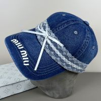 Miu Miu Baseball Cap With Lace Bowknot In Denim Blue