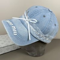 Miu Miu Baseball Cap With Lace Bowknot In Denim Light Blue