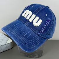 Miu Miu Baseball Cap With Large Logo In Denim Blue/White