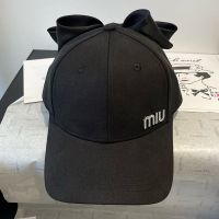 Miu Miu Baseball Cap With Strass Logo and Bowknot In Cotton Black