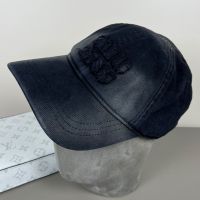 Miu Miu Baseball Cap With Worn-Out Embroidered Logo In Denim Black