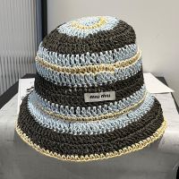 Miu Miu Bucket Hat With Rectangle Logo In Raffia Blue