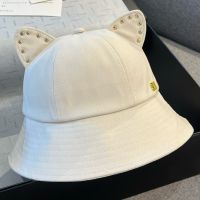 Miu Miu Cat Ear Rivet Bucket Hat With Metal Logo In Cotton Beige