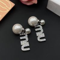 Miu Miu Earrings With Pearl Strass Logo Pendant In Metal Silver