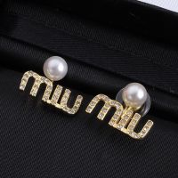 Miu Miu Earrings With Strass Letter Logo and Pearl In Metal Gold