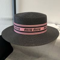 Miu Miu Flat Hat With Lettering Ribbed Webbing In Raffia Black