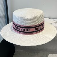 Miu Miu Flat Hat With Lettering Ribbed Webbing In Raffia White