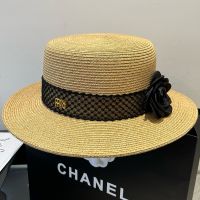 Miu Miu Flat Hat With Metal Logo And Camellia In Raffia Brown/Black