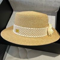 Miu Miu Flat Hat With Metal Logo And Camellia In Raffia Brown/White