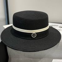 Miu Miu Flat Hat With Round Strass Logo In Raffia Black