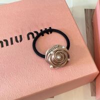 Miu Miu Hair Band With Strass Logo Pearls Rose In Cotton Gold