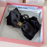 Miu Miu Hair Clip With Metal Logo Satin Bowknot In Acetate Black