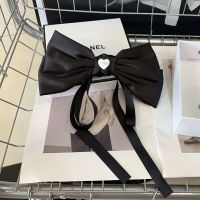 Miu Miu Hair Clip With Strass Logo Heart Bowknot In Satin Black