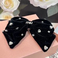 Miu Miu Hair Clip With Strass Logo Heart Crystals Bowknot In Velvet Black