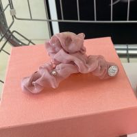 Miu Miu Hair Clip With Strass Round Logo In Plexiglass And Ribbon Pink