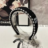 Miu Miu Headband With Enamel Logo Pearls Chain In Cotton And Sponge Black