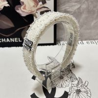 Miu Miu Headband With Enamel Logo Pearls Chain In Cotton And Sponge White