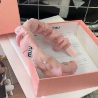 Miu Miu Headband With Enamel Logo Pearls Embellishment In Satin And Sponge Pink