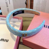 Miu Miu Headband With Metal Logo In Cotton And Sponge Blue