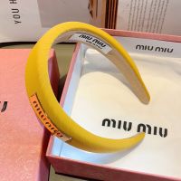 Miu Miu Headband With Metal Logo In Twill Leather And Sponge Yellow