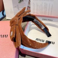 Miu Miu Headband With Strass Round Logo Bowknot In Cotton Brown