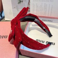 Miu Miu Headband With Strass Round Logo Bowknot In Cotton Red