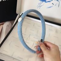 Miu Miu Headband With Strass Round Logo In Cotton Blue