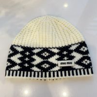 Miu Miu Knit Beanie With Embroidered Logo In Wool Beige
