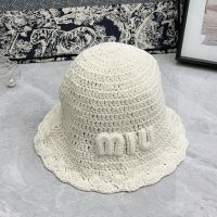Miu Miu Knit Bucket Hat With Large Letter Logo In Cotton Beige