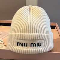 Miu Miu Knitted Hat With Embroidered Logo In Cotton Beige