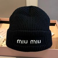 Miu Miu Knitted Hat With Embroidered Logo In Cotton Black