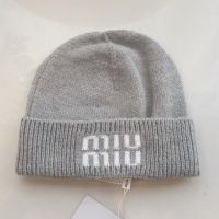 Miu Miu Knitted Hat With Knit Logo In Cotton Grey
