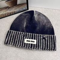 Miu Miu Knitted Hat With Rectangle Embroidered Logo In Cotton Blue