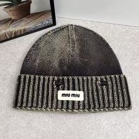 Miu Miu Knitted Hat With Rectangle Embroidered Logo In Cotton Taupe