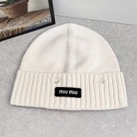 Miu Miu Knitted Hat With Rectangle Embroidered Logo In Cotton White