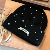 Miu Miu Knitted Hat With Rectangle Logo And Allover Strass In Wool Black