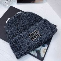 Miu Miu Knitted Hat With Strass Embroidered Logo In Wool Black
