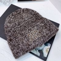 Miu Miu Knitted Hat With Strass Embroidered Logo In Wool Brown