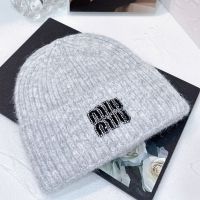 Miu Miu Knitted Hat With Strass Embroidered Logo In Wool Grey