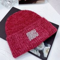 Miu Miu Knitted Hat With Strass Embroidered Logo In Wool Red