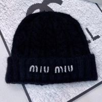 Miu Miu Knitted Hat With Strass Logo In Wool Black