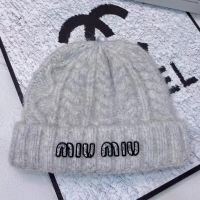 Miu Miu Knitted Hat With Strass Logo In Wool Grey