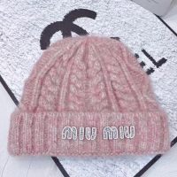 Miu Miu Knitted Hat With Strass Logo In Wool Pink