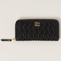 Miu Miu Large Zipper Bifold Wallet In Matelasse Nappa Leather Black